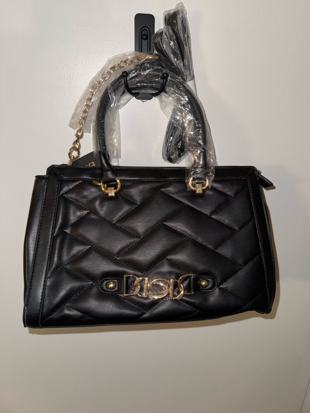 Bebe Quilted Black Satchel Handbag with Gold Hardware